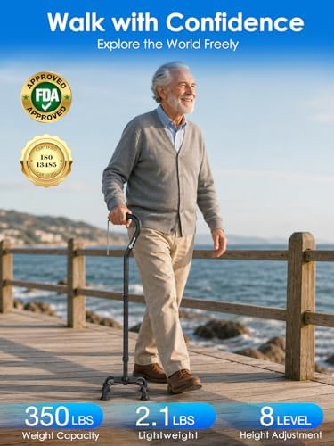 WHLICKS Quad Cane for Stability, Adjustable Walking Cane for Women &