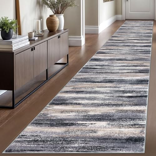 Lansny Modern Abstract Runner Rug 2.6x16, Grey Black Multi Washable