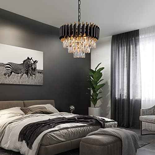 3-Tier Black Gold Crystal Chandelier 5-Light 15’’ Modern Crystal