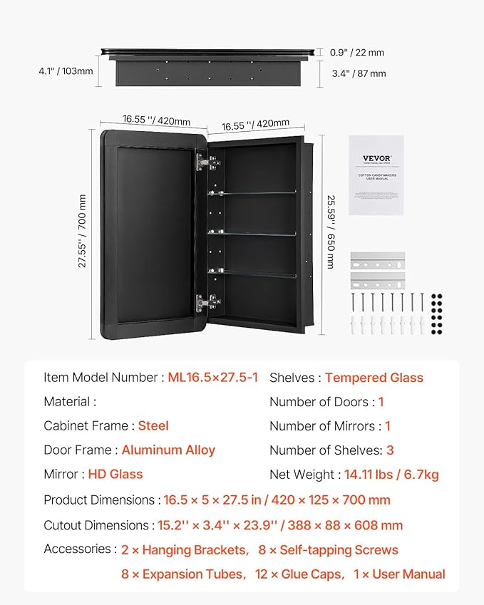 VEVOR Medicine Cabinet, 16.5 x 27.5 inch, Medicine Cabinet - Image 3
