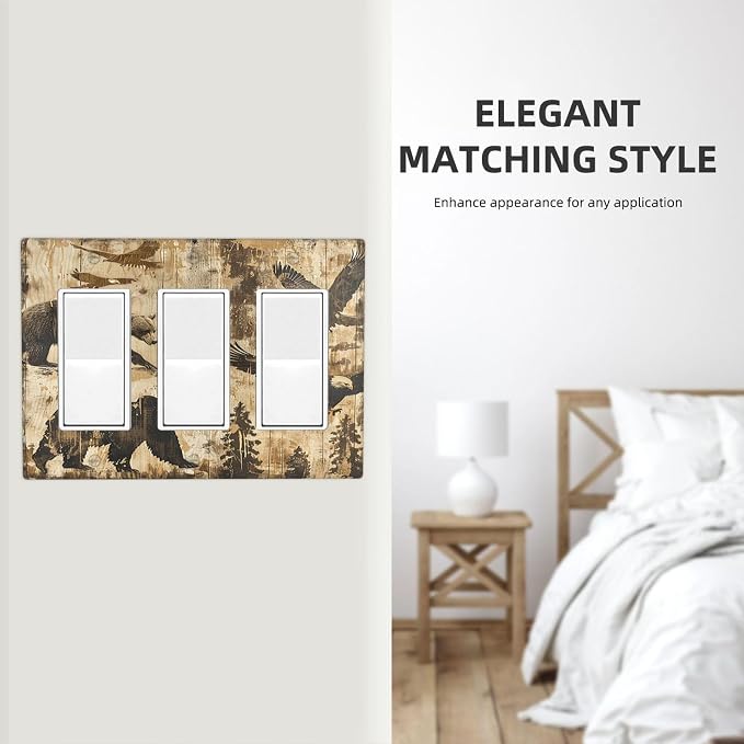 Light Switch Covers Vintage Cabin Wildlife Animal Bear Eagle Forest 3 Gang - Image 7