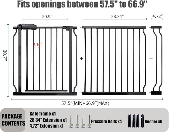 Extra Wide Baby Gate 62-67 Inch, Pressure Mounted Safety Child & Pet Gate - Image 2