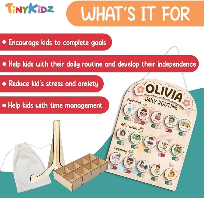 Wooden Chore Chart for Kids, Daily Routine for Girls, Wooden Daily Chore Chart - Image 4