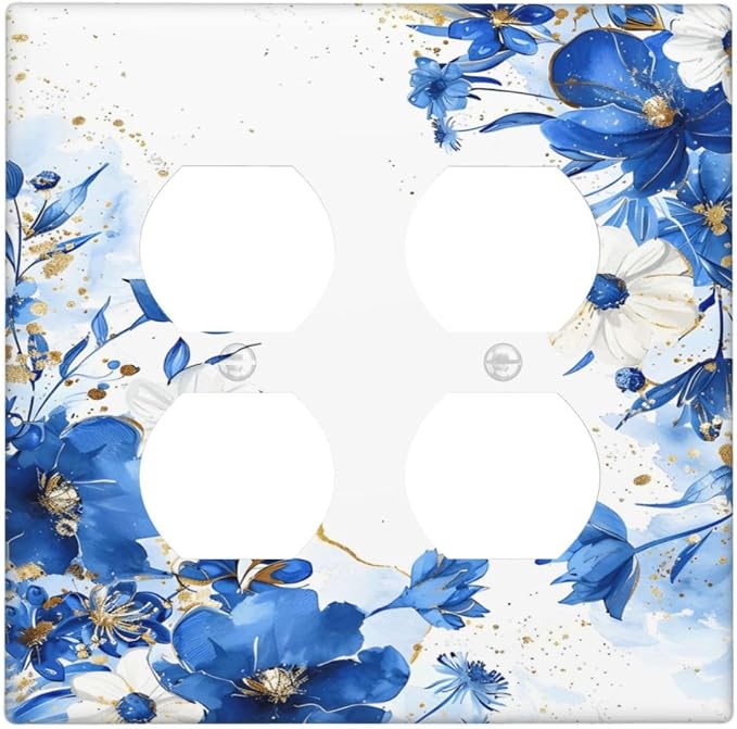 Klein Blue Flowers Watercolor Golden White Floral Outlet Covers 2 Gang Double by Unknown