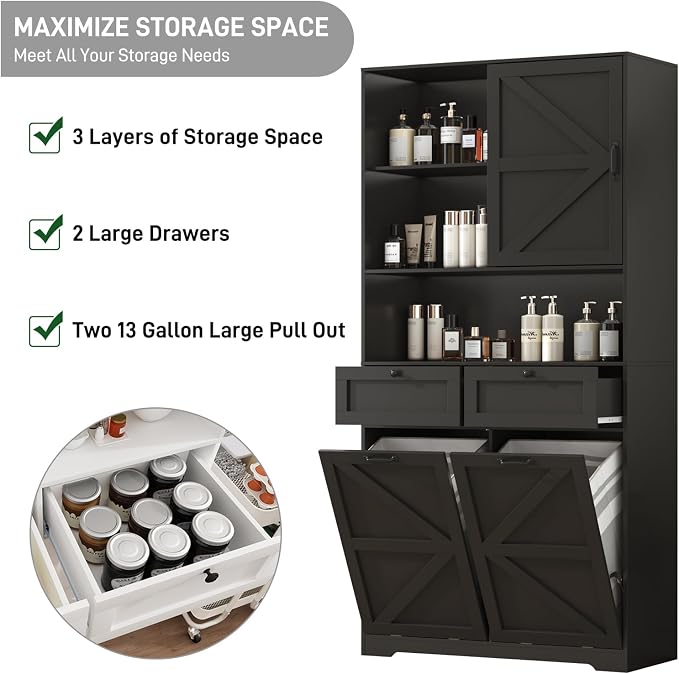 78" Tall Tilt-Out Double Doors Laundry Cabinet Hamper w Hidden Laundry Hamper - Image 6