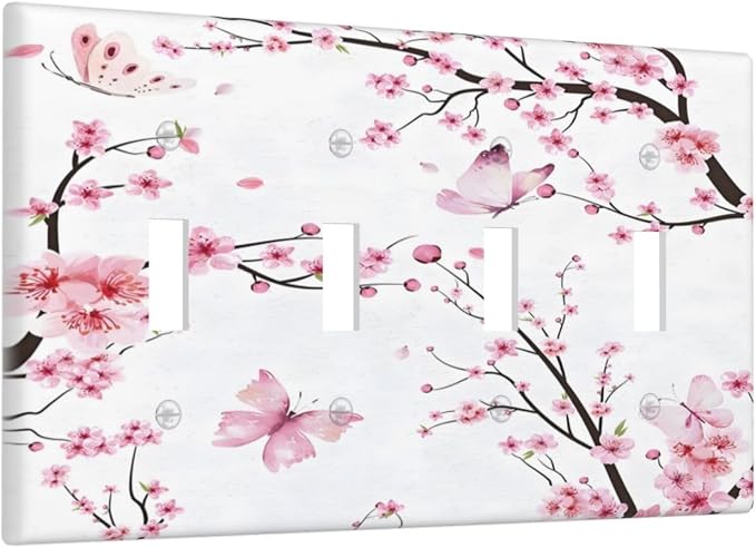 Cherry Floral Watercolor Pink Flowers Butterfly Light Switch Covers Quad Toggle - Image 2