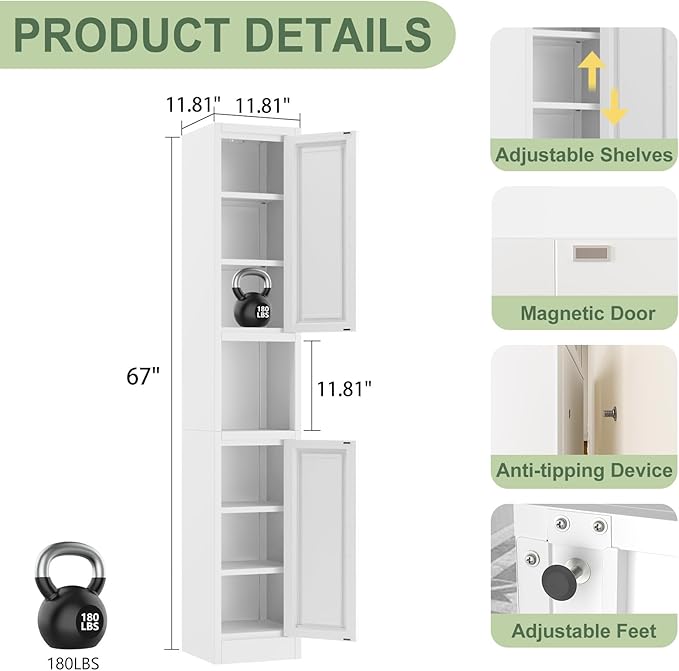 67" Tall Narrow Storage Cabinet Metal Bathroom Cabinet - Image 3