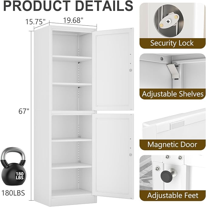 67" Metal Storage Cabinet with Lock, Tall Narrow Office File Cabinets with 2 - Image 3