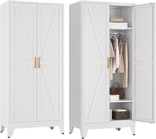 COFaR Metal Wardrobe Cabinet, 2 Barn Door, 2 Adjustable Shelves and Legs by COFAR