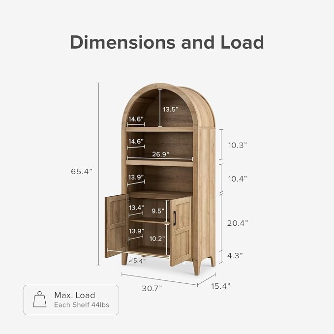mopio Lauren 65.4" Short Arched Cabinet, 5-Tier Arched Bookcase - Image 2