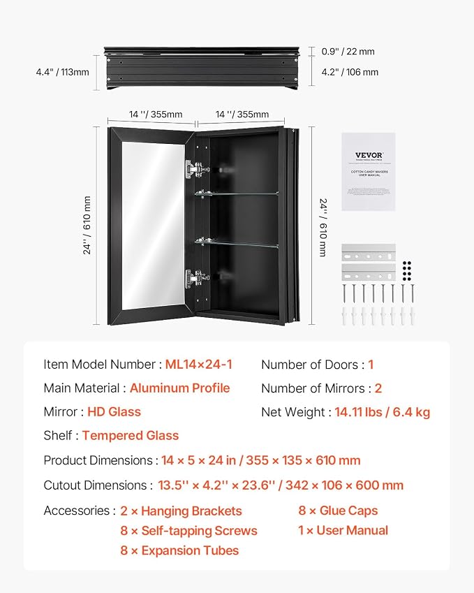 VEVOR Medicine Cabinet, 14 x 24 inches, Medicine Cabinet - Image 3