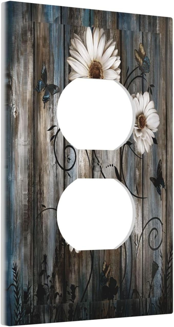 Rustic Wood Background Floral Butterfly Daisy Outlet Covers 1 Gang Duplex Light - Image 2