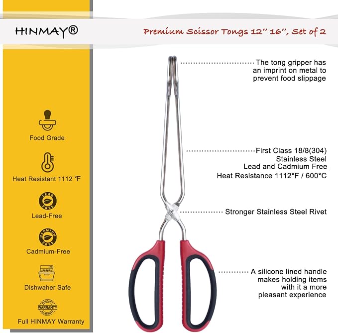 12" 16" Extra Long Stainless Steel Kitchen Tongs Set, Non-Slip Comfortable Red - Image 2
