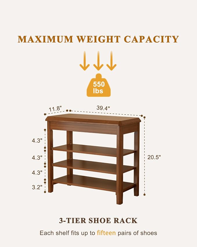 Shoe Rack Bench Seat Rubberwood 3-Tier Wooden Storage Bench 550lbs Compact - Image 2