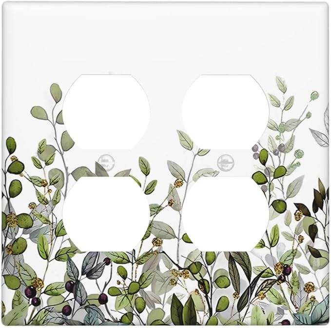 Watercolor Green Eucalyptus Leaves Plants Fruit Outlet Covers 2 Gang Double by Unknown