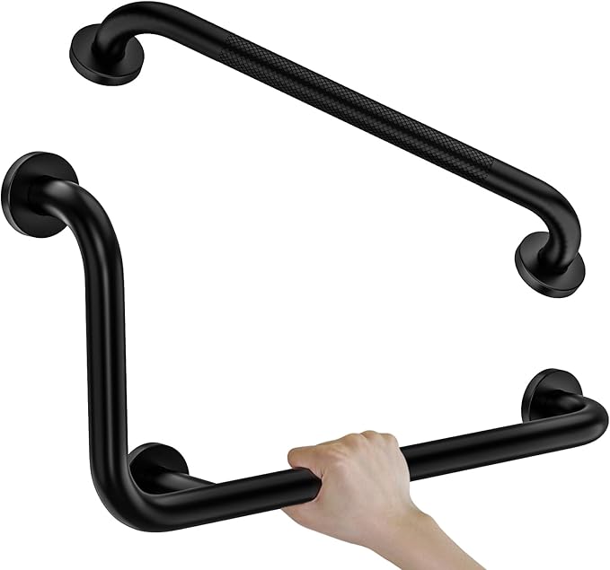 Black L-Shaped Grab Bar 12x24 Inch + Knurled Shower Grab Rail 20 Inch, Zepolu by Zepolu