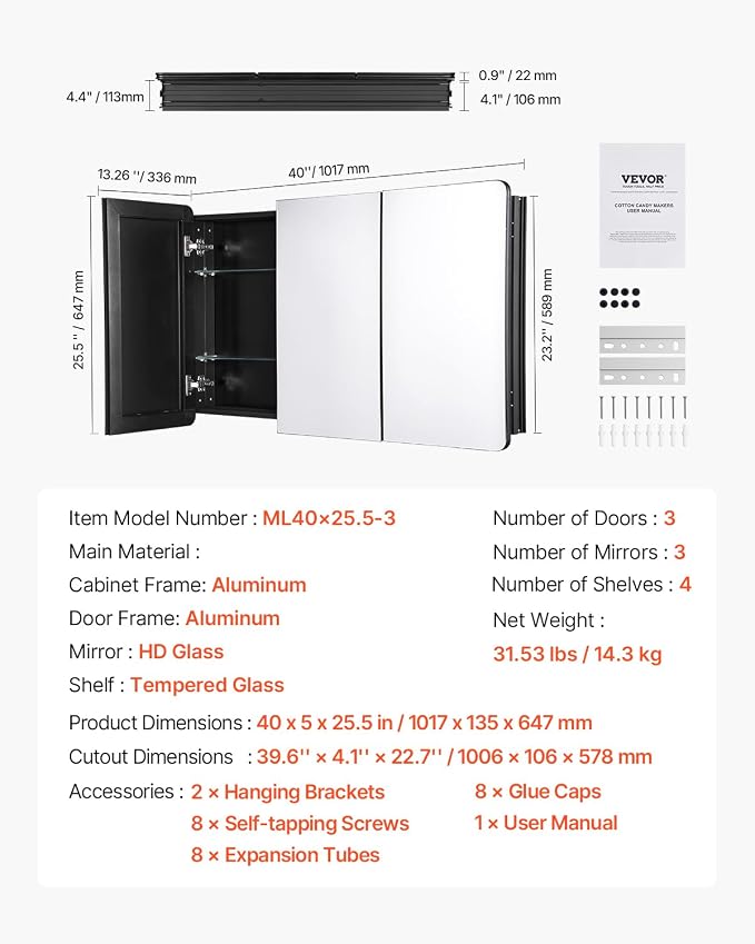 VEVOR Medicine Cabinet, 25.5 x 40 inch, Medicine Cabinet - Image 8
