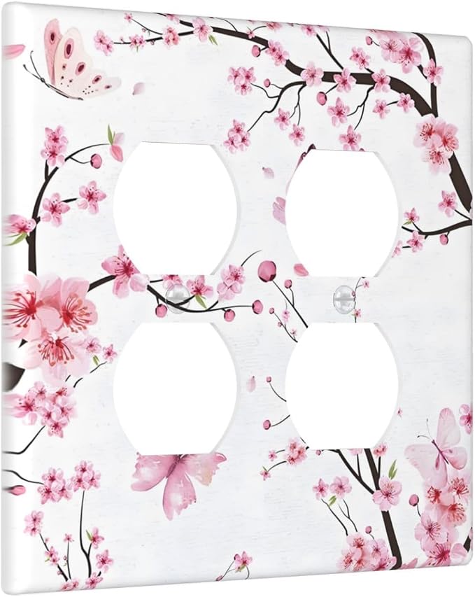 Cherry Floral Watercolor Pink Flowers Butterfly Outlet Covers 2 Gang Double - Image 2