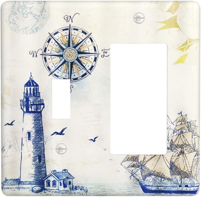Nautical Sailboat Lighthouse Compass Anchor 2 Gang Light Switch Cover Plates by Spshian