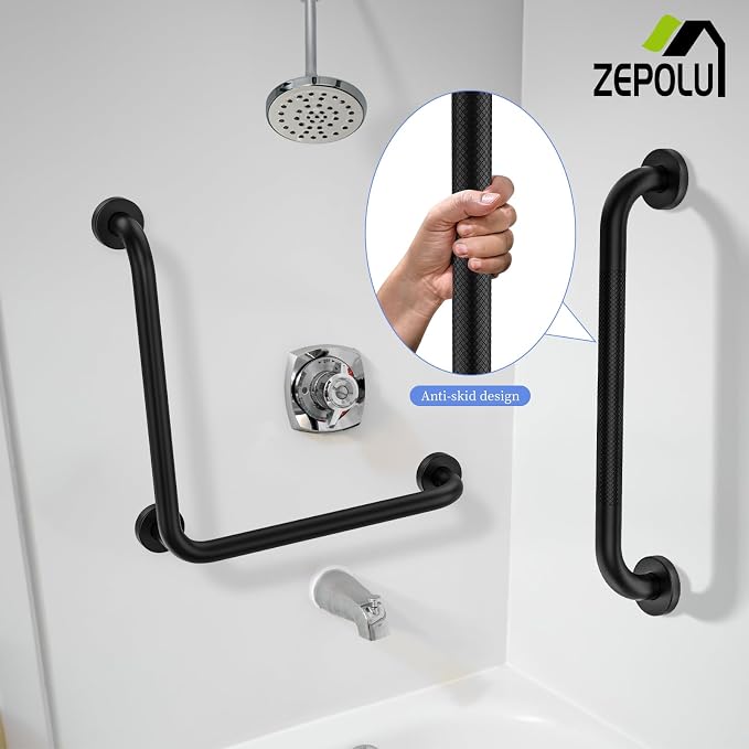 L-Shaped Shower Grab Bar 16x16 Inch, Zepolu Stainless Steel Matte Black Safety - Image 3