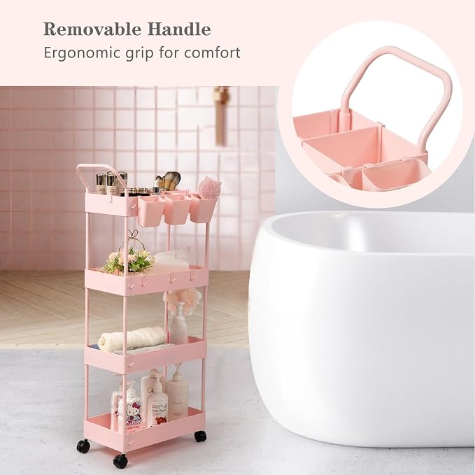 Danpinera 4-Tier Pink Slim Storage Cart, Narrow Laundry Cart - Image 2