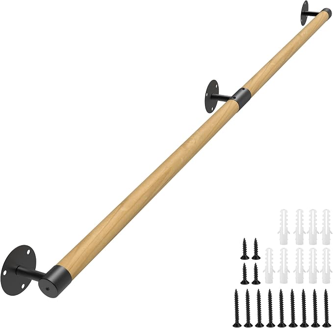 5FT Round Wooden Handrail for Indoor Staircase Handrail, Wall Mount Support by KWDOBUUS