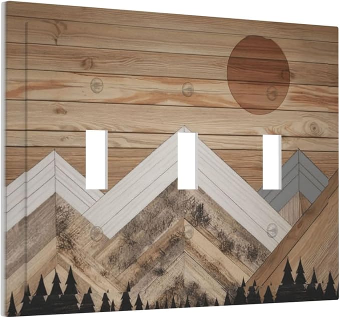 Wooden Planks Mosaic Snow Mountain Sun Decorative Switch Plates 3 Gang Wall - Image 2