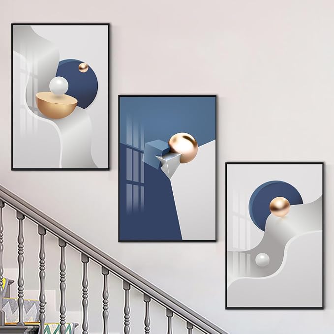 QKF Large Blue Geometry Abstract Wall Art Bright Canvas Decorative Painting Now - Image 3