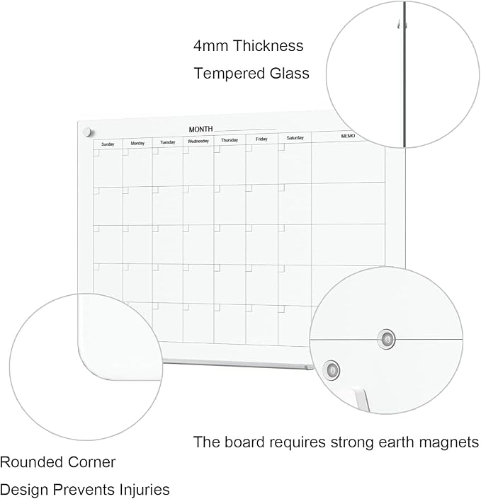 TOWON 36 x 24 Inches Tempered Glass Calendar Dry Erase Board - Image 3