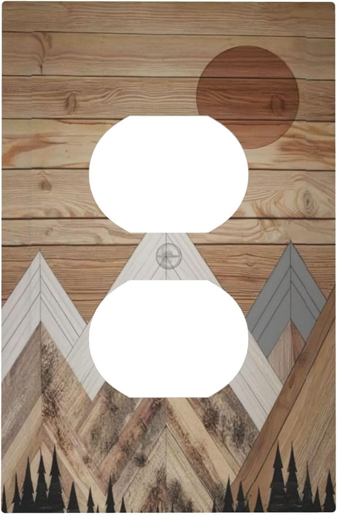 Wooden Planks Mosaic Snow Mountain Sun Outlet Covers 1 Gang Duplex Light Switch by Unknown