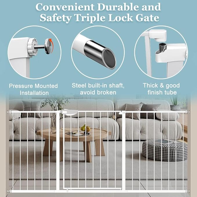 WAOWAO Triple Lock Baby Gate Extra Wide 57.87-62.59" Pressure Mounted Walk - Image 6