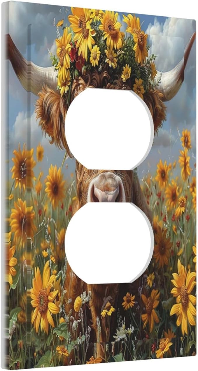 Outlet Covers Vintage Sunflower Highland Cow Rustic Art 1 Gang Duplex Wall - Image 2