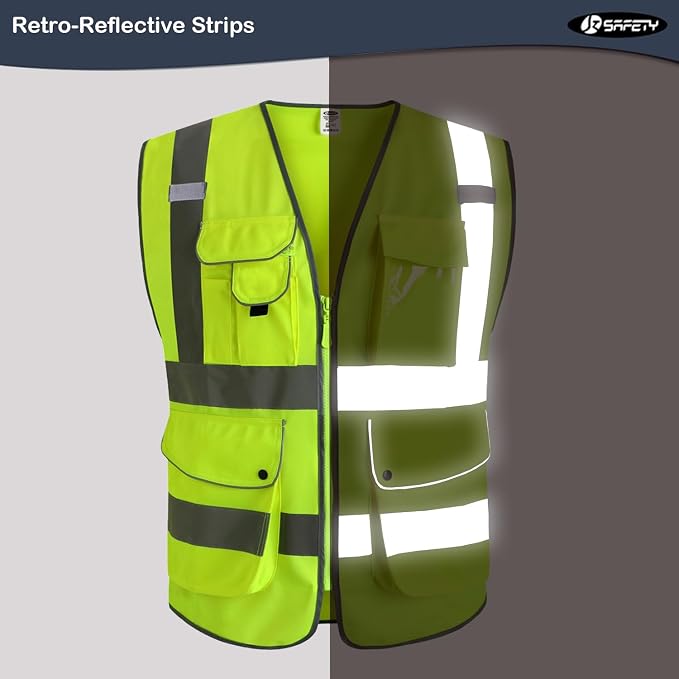 JKSafety 9 Pockets Class 2 High Visibility Zipper Front 6 Pack Safety Vest - Image 4