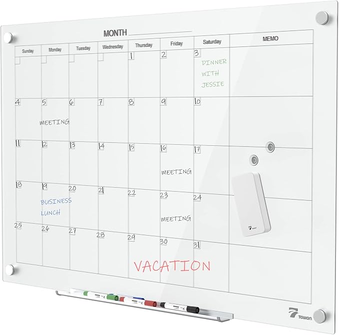 TOWON 47 x 35 Inch Large Glass Dry Erase Board, Magnetic Whiteboard Calendar by TOWON