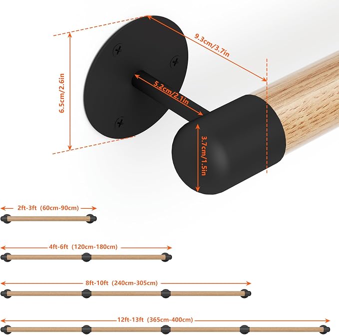 2FT Round Wooden Stair Handrail, Indoor Staircase Handrail, Wall Mount Support - Image 2