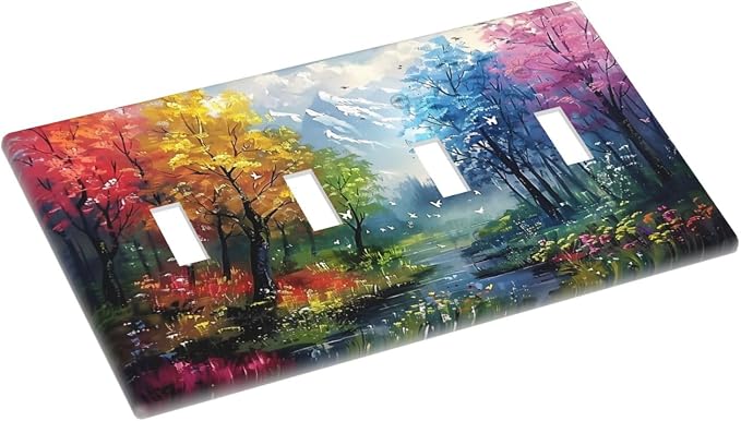 Colorful Forest Snow Mountain River Oil Painting Style Light Switch Covers Quad - Image 3