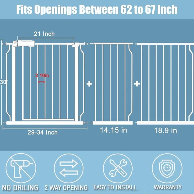 Extra Wide Long Baby Gates 62-67 Inch Stairs Doorways Pet Dog gate Indoor - Image 2
