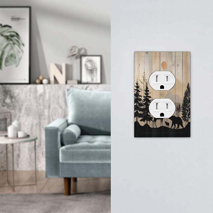Outlet Covers Wood Board Wildlife Cute Bear Deer Forest Rustic 1 Gang Duplex - Image 7