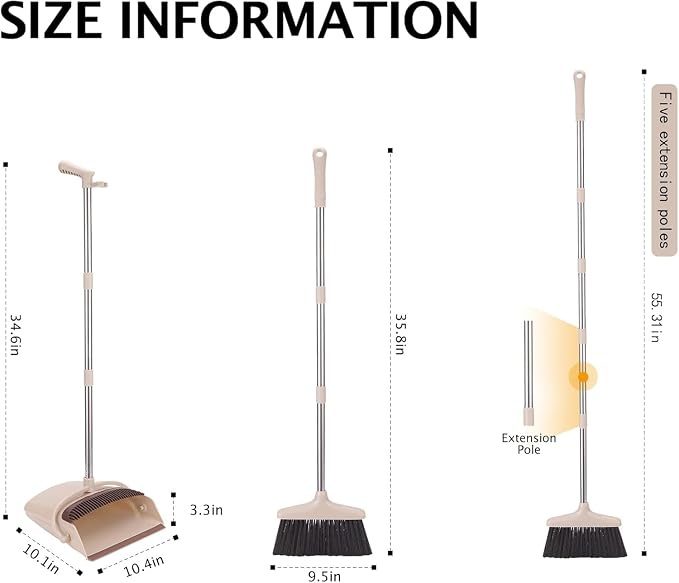 Broom and Dustpan Set with Long Handle, Light Weight Stainless Steel Poles - Image 2