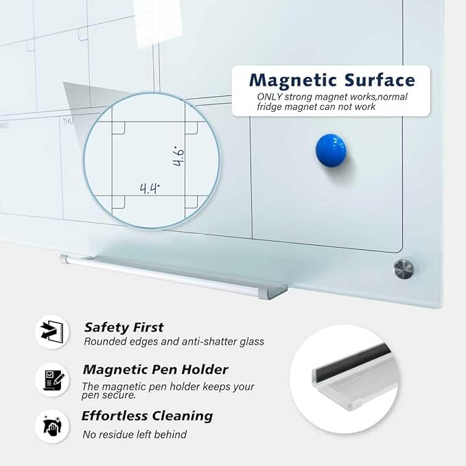 Magnetic Glass Whiteboard Calendar 48"x36" Glass Dry Erase Calender Board - Image 3