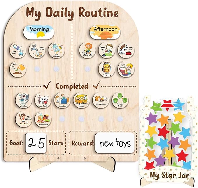 Wooden Daily Routine for Kids, Star Reward Jar for Toddlers, Chore Chart for by LilaLand