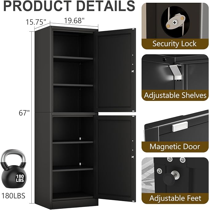 67" Metal Storage Cabinet with Lock, Tall Narrow Office File Cabinets with 2 - Image 3