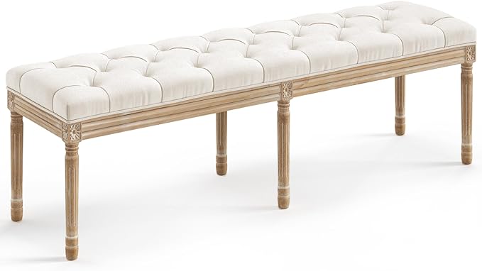 LUE BONA 60" Fabric End of Bed Bench, Upholstered Tufted French Bedroom Bench by LUEBONA