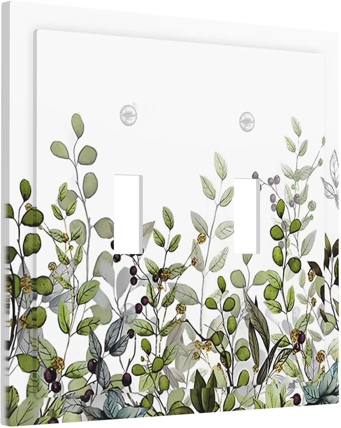 Watercolor Green Eucalyptus Leaves Plants Fruit Decorative Switch Plates 2 Gang - Image 2