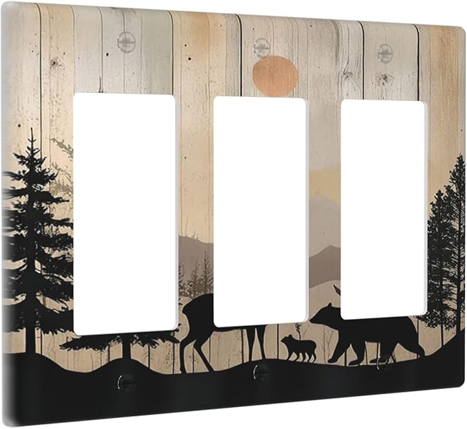 Light Switch Covers Wood Board Wildlife Cute Bear Deer Forest Rustic 3 Gang - Image 2