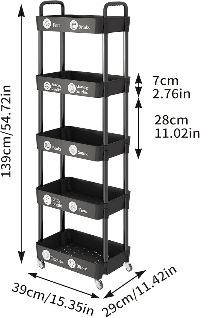Laiensia Multifunction Utility Rolling Cart, 5-Tier Plastic & Metal Storage - Image 7