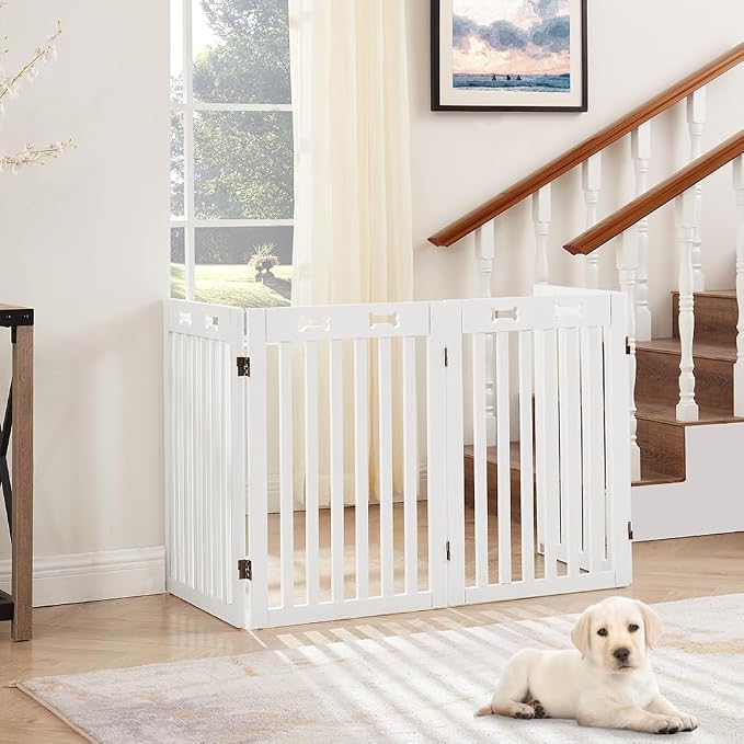 unipaws 29.5'H Free Standing Tall Wooden White Dog Cat Gate, Foldable Pet Fence - Image 3