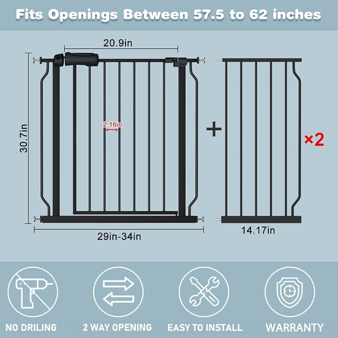 Extra Wide Baby Gate 57.5-62 Inch Black Walk THR Dog Gates Doorways House No - Image 2