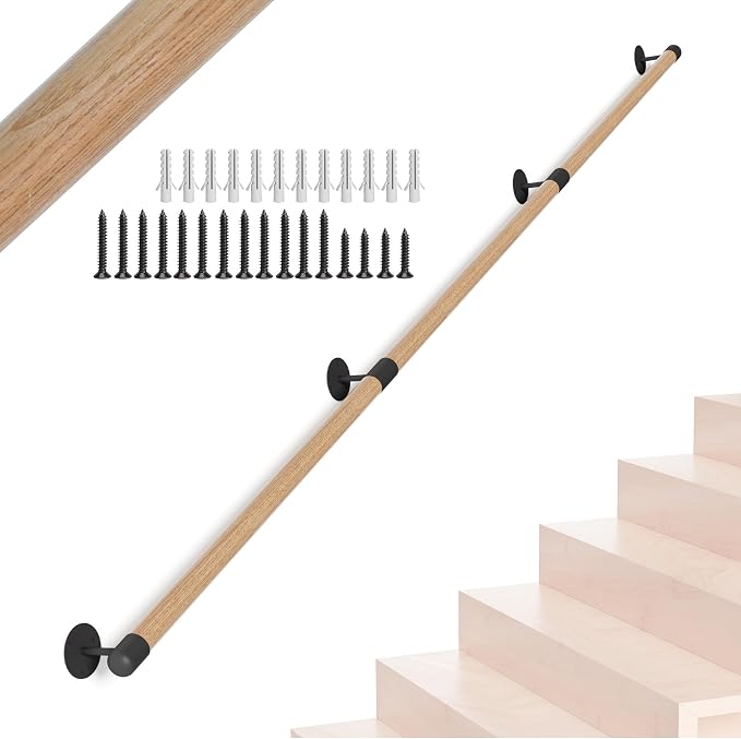 8FT Round Wooden Stair Handrail, Indoor Staircase Handrail, Wall Mount Support by KWDOBUUS