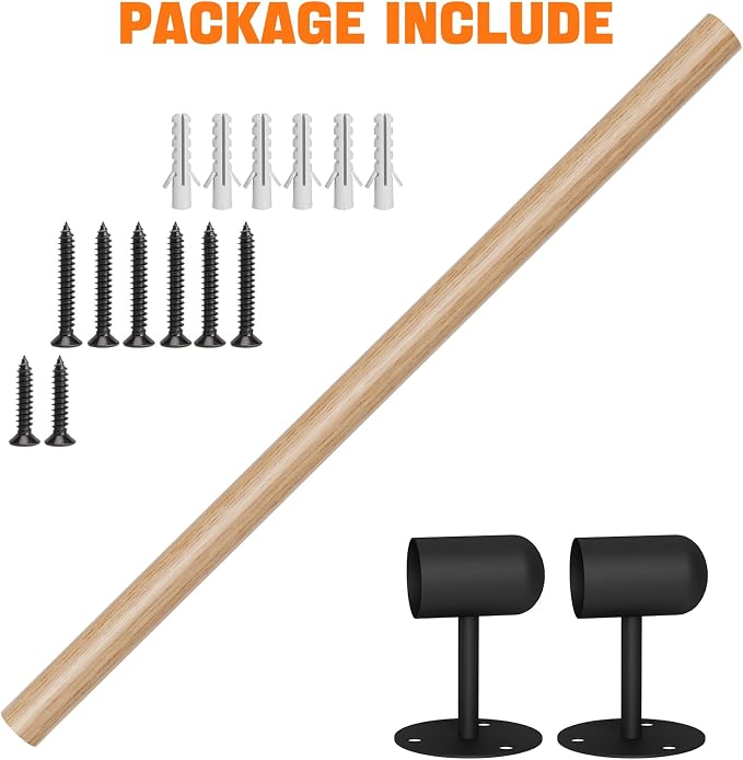 2FT Round Wooden Stair Handrail, Indoor Staircase Handrail, Wall Mount Support - Image 7